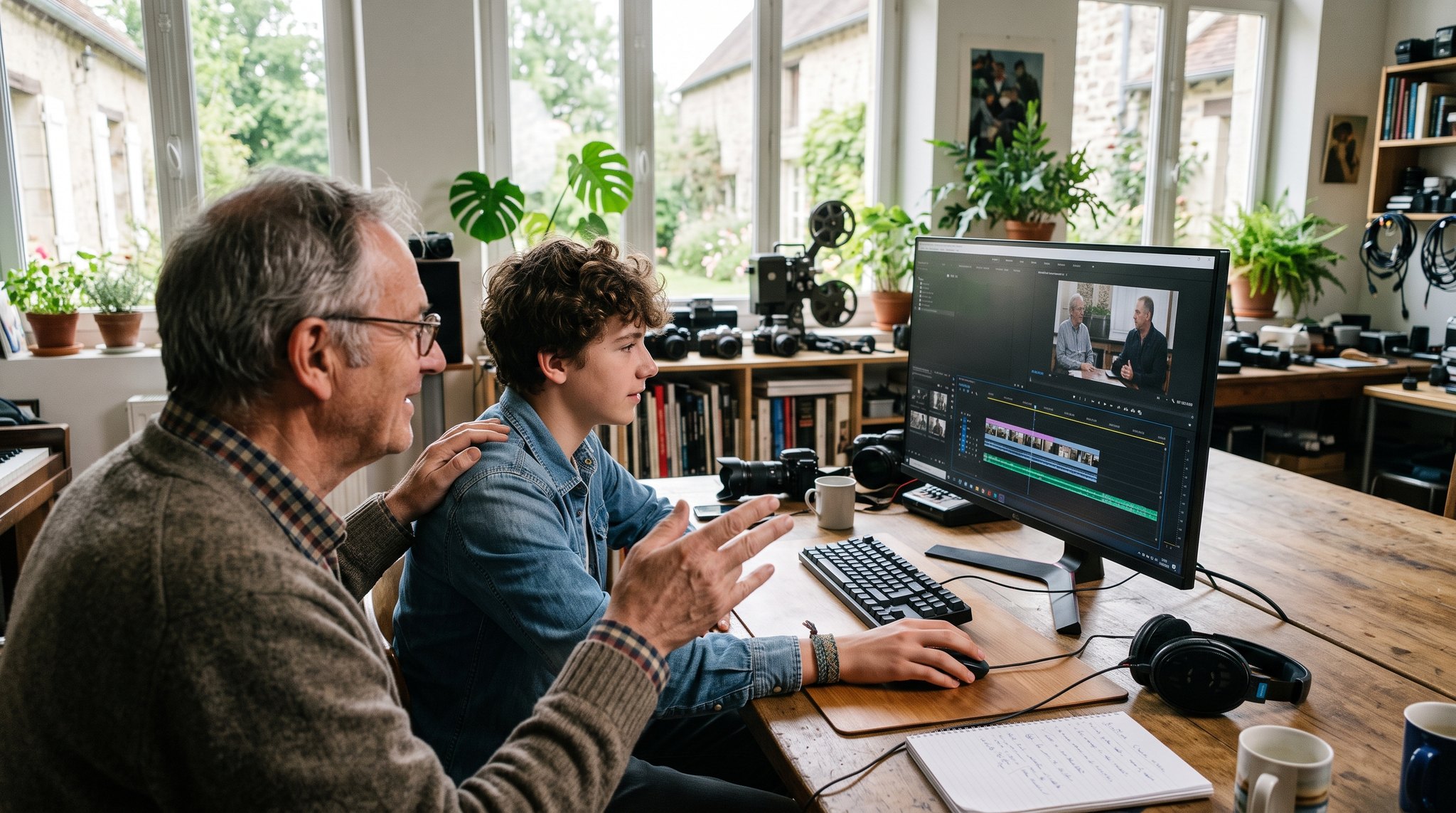 Deux personnes apprennent le montage vidéo devant un écran