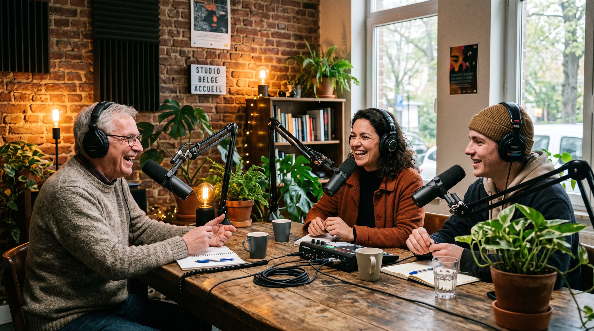Un groupe enregistre un podcast autour d'une table