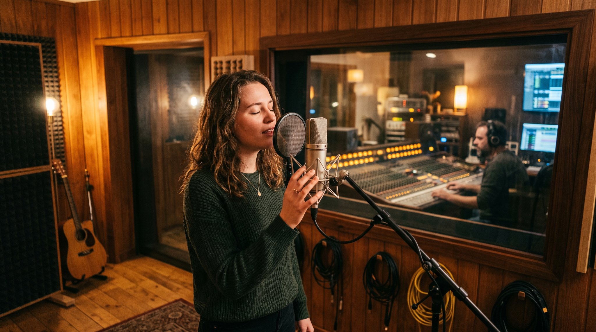 Une chanteuse enregistre au micro dans un studio