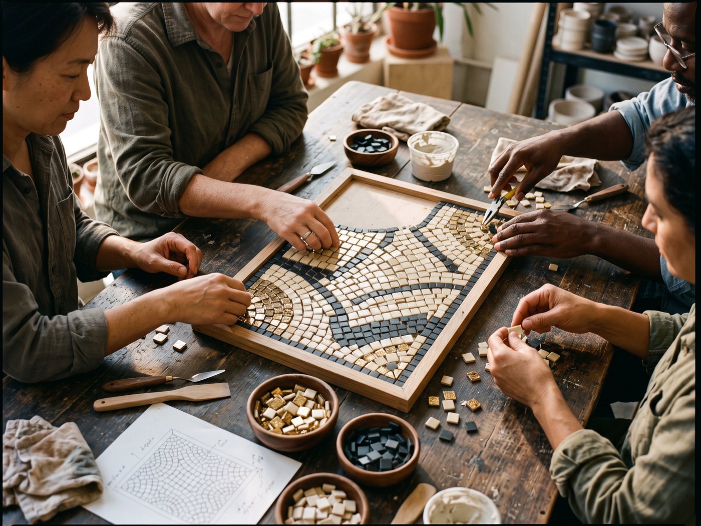 Des mains assemblent une mosaïque