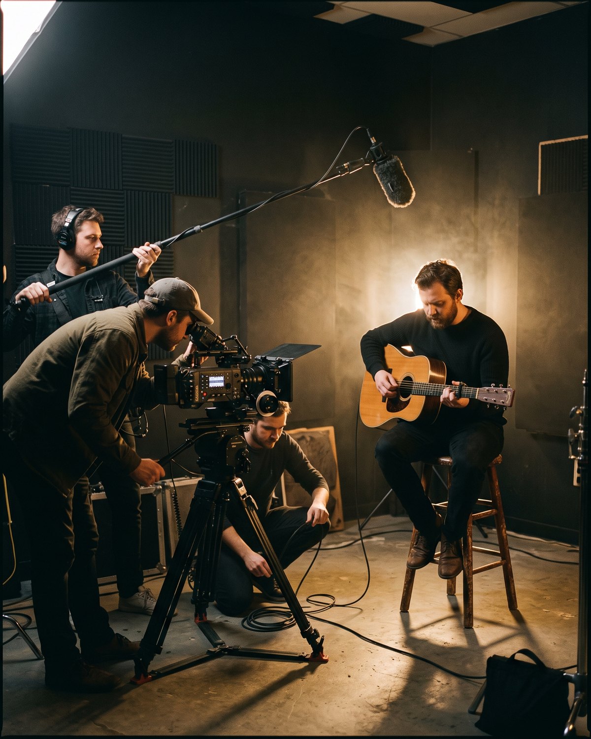 Une petite équipe filme un musicien en studio