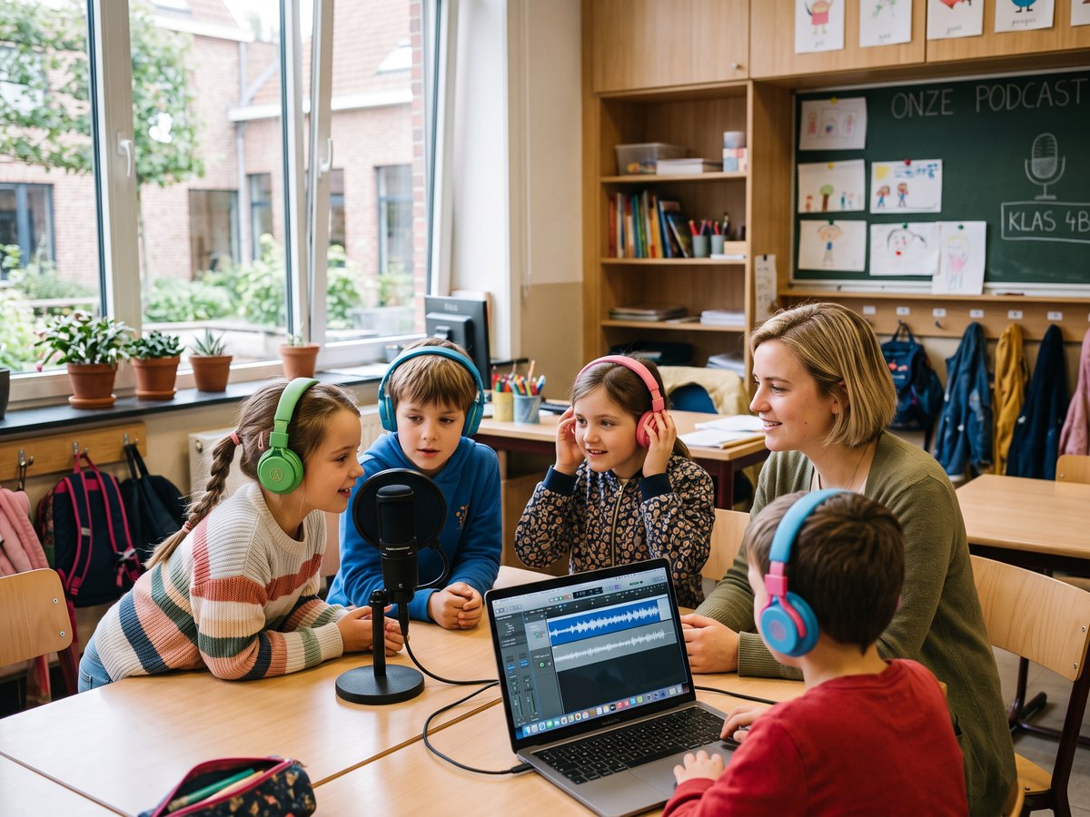 Des enfants enregistrent un podcast en classe